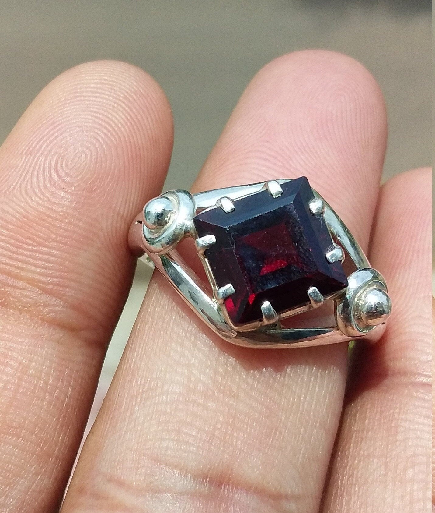 Red Garnet Ring, Square Gemstone Ring, January Birthstone Ring, 925 Silver Handmade Jewellery, Unique Design Ring, Stone Ring Size 7.5