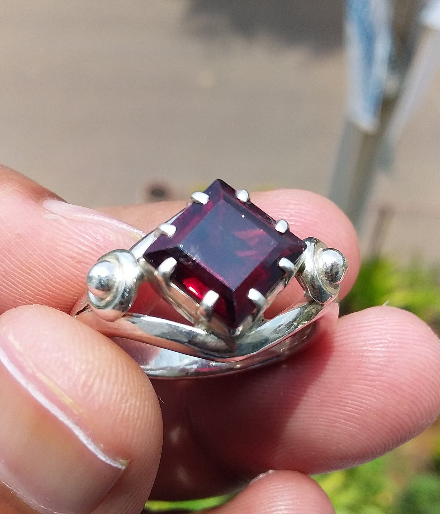 Red Garnet Ring, Square Gemstone Ring, January Birthstone Ring, 925 Silver Handmade Jewellery, Unique Design Ring, Stone Ring Size 7.5