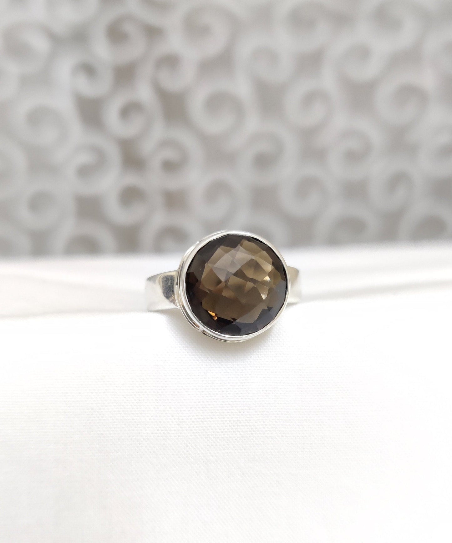 Natural Smoky Quartz Ring, Faceted Stone Ring, 925 Sterling Silver Jewelry, Brown Gemstone Ring, Handmade Gift for Her, Ring Size 7