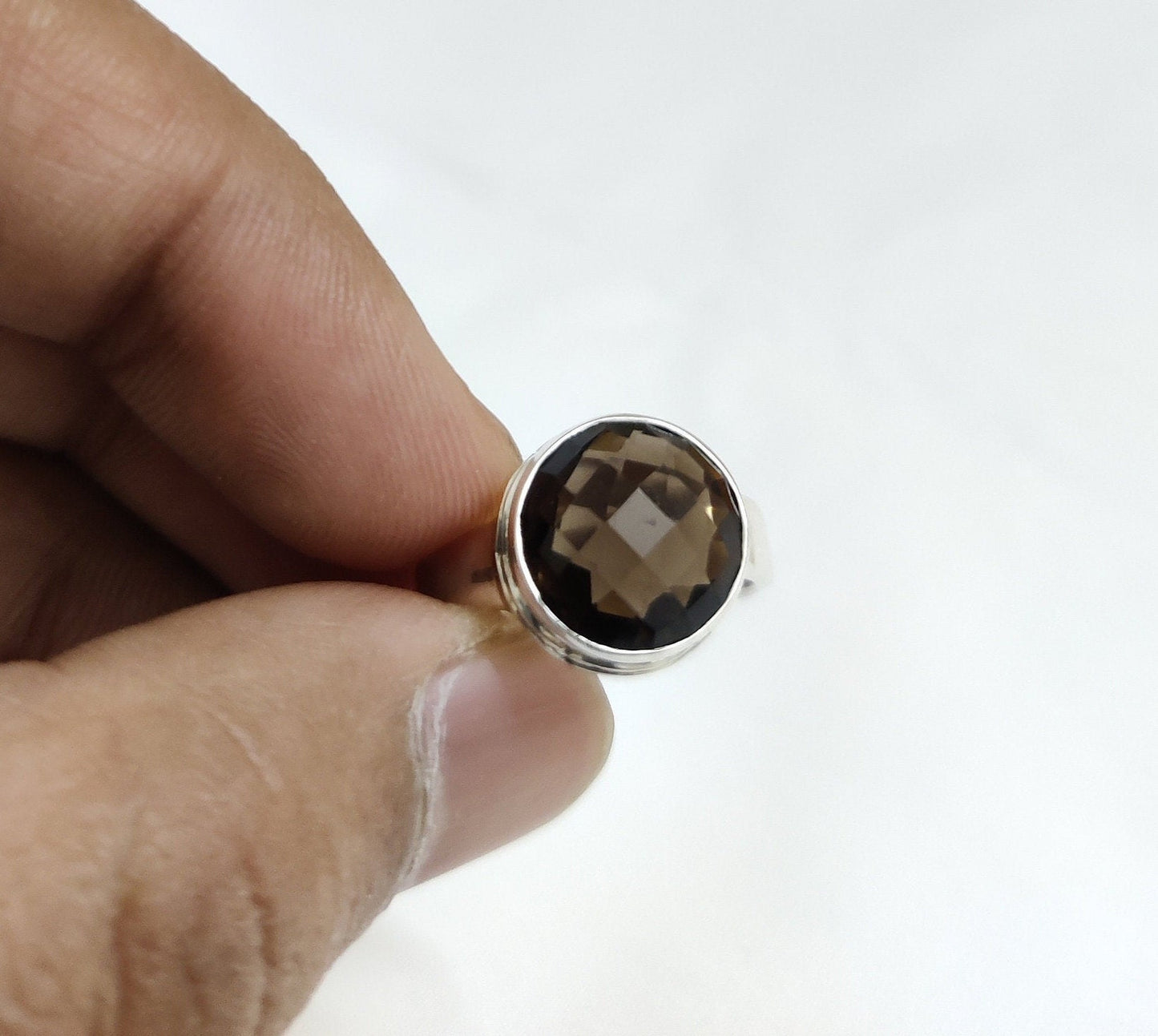 Natural Smoky Quartz Ring, Faceted Stone Ring, 925 Sterling Silver Jewelry, Brown Gemstone Ring, Handmade Gift for Her, Ring Size 7