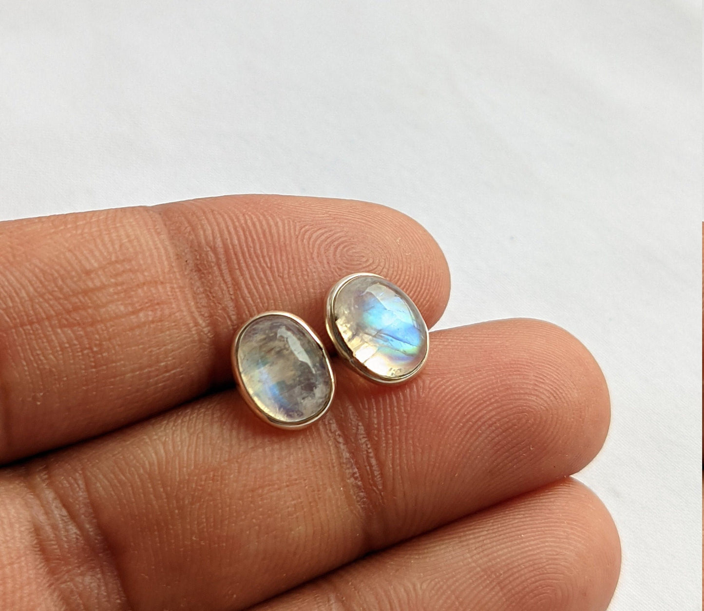 Rainbow Moonstone Studs Earrings, 925 Sterling Silver, June Birthstone, Moonstone Earrings, Gemstone Studs, Blue Flash Moonstone, For Women