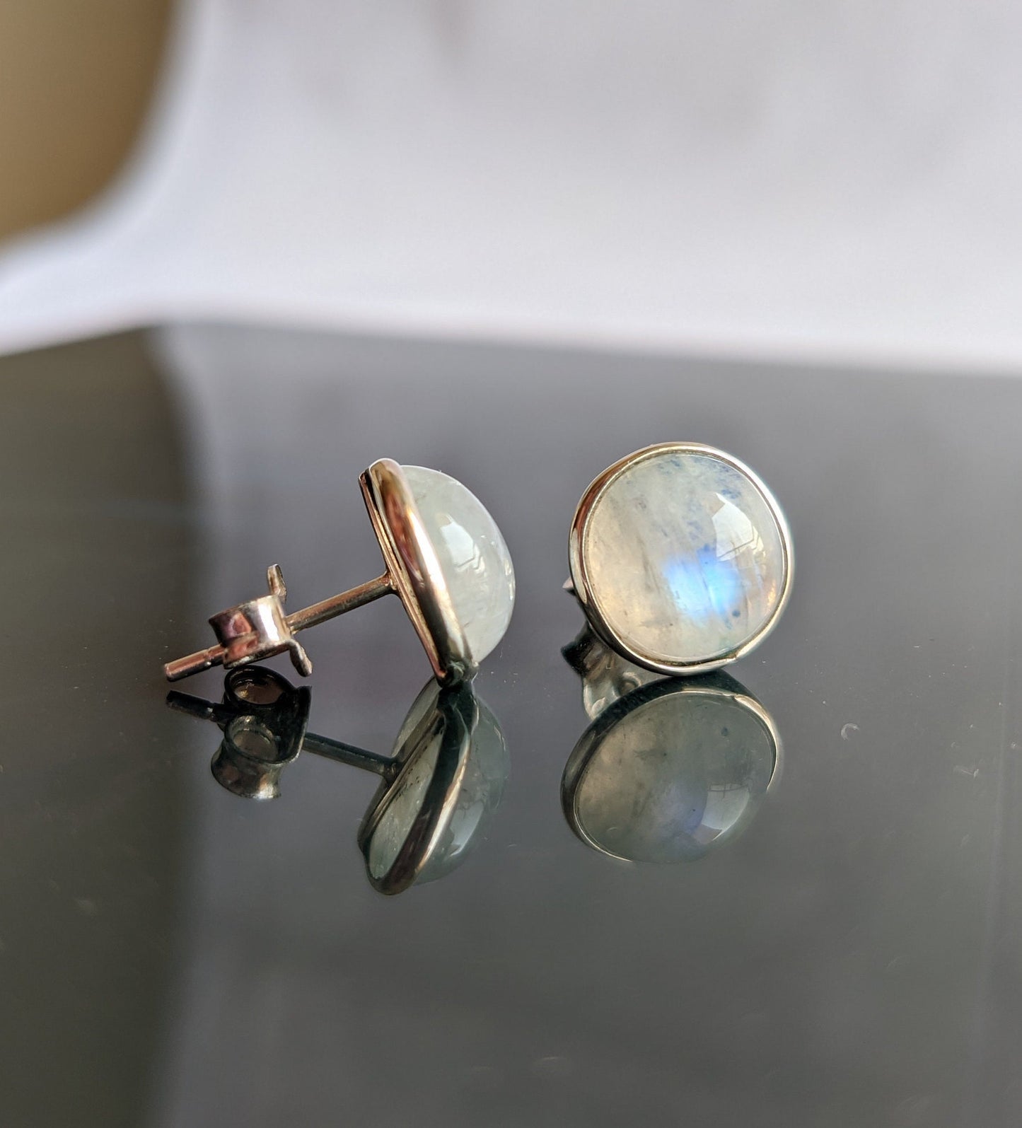 Rainbow Moonstone Studs Earrings, 925 Sterling Silver, June Birthstone, Moonstone Earrings, Gemstone Studs, Blue Flash Moonstone Jewelry