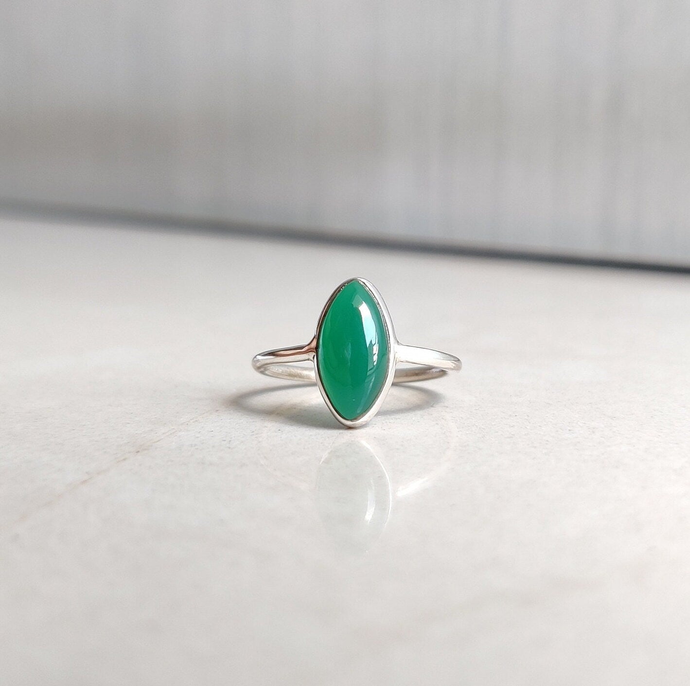 Natural Green Onyx Ring, 925 Sterling Silver Ring, Dainty Stone Ring, Green Gemstone Ring, December Birthstone Ring, Marquise Ring for Her