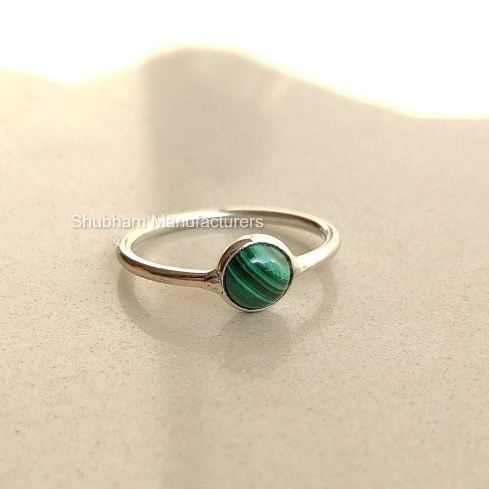 Natural Malachite Ring, 925 Sterling Silver Ring, Minimalist Gemstone Ring, Tiny Stone Silver Ring, Simple Ring for Her, Thin Band Ring