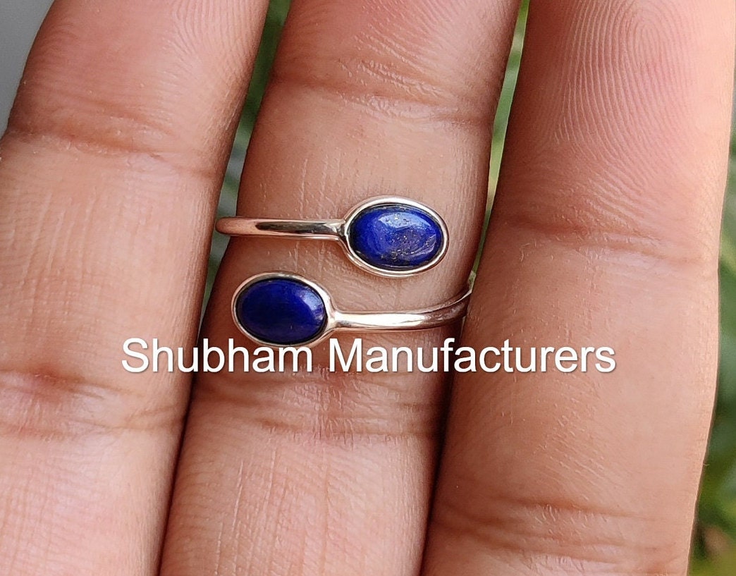 Natural Lapis Lazuli Ring, 925 Sterling Silver Ring, Dual Stone Ring, Blue Gemstone, Tiny Minimalist Ring for Her, Buypass Adjustable Ring