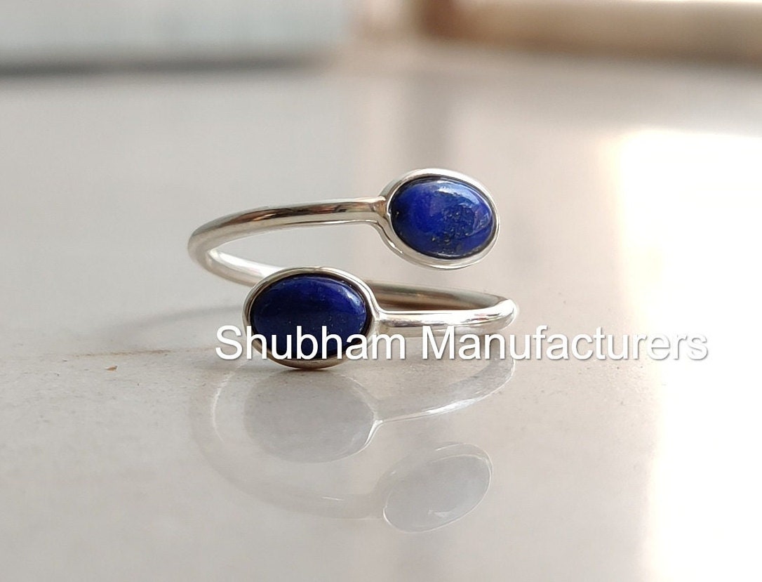 Natural Lapis Lazuli Ring, 925 Sterling Silver Ring, Dual Stone Ring, Blue Gemstone, Tiny Minimalist Ring for Her, Buypass Adjustable Ring