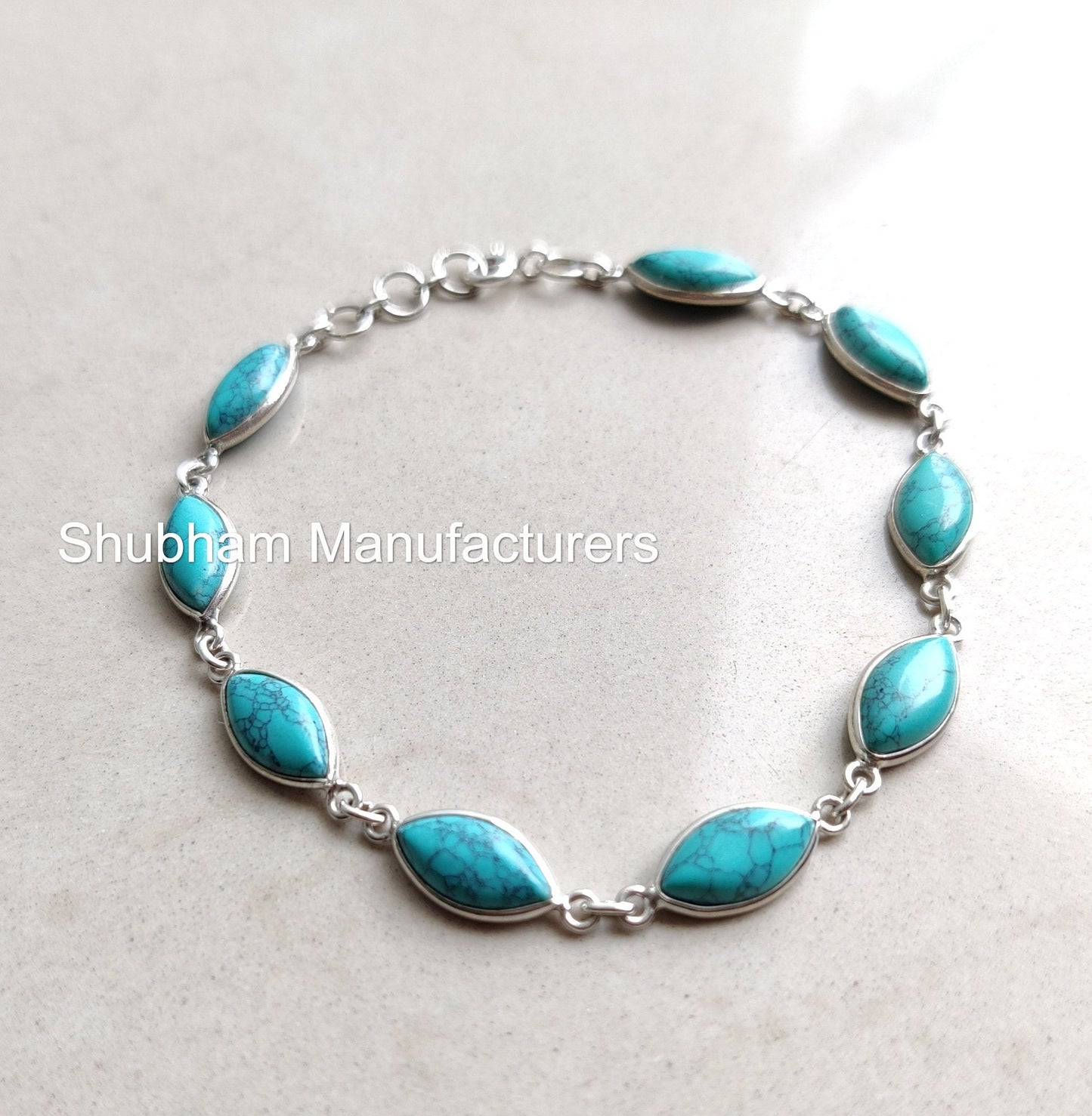 Genuine Turquoise Silver Bracelet, 925 Sterling Silver Bracelet, Gemstone Bracelet, Marquise Shape, Handmade Adjustable, For Girls & Women