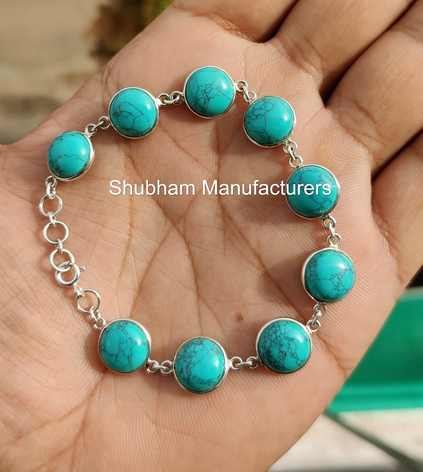 Natural Turquoise Bracelet, 925 Sterling Silver Bracelet, Round Shape, Handmade Adjustable Bracelet, Blue Gemstone Jewelry, Gift for Her