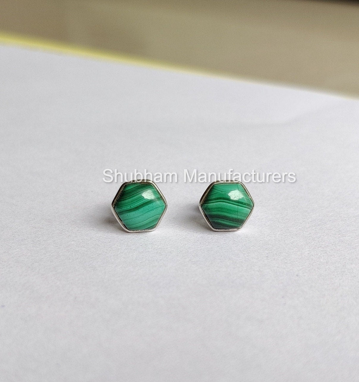 Malachite Stud Earrings, 925 Sterling Silver Studs, Malachite Jewelry, Green Gemstone Post Earrings, Natural Stone Studs, Hexagon Shape Stud
