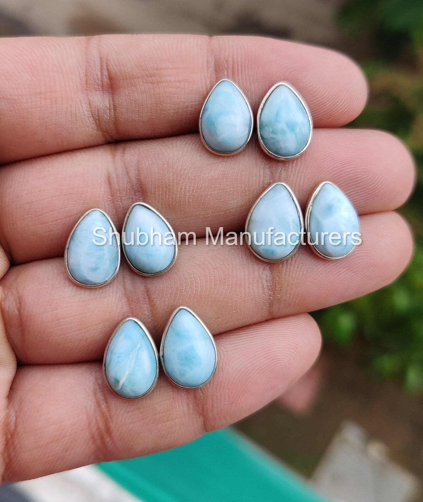 Natural Larimar Stud Earrings, 925 Sterling Silver Studs , Simple Everyday Studs, Blue Gemstone Earrings, Cabochon Stone, Teardrop Studs