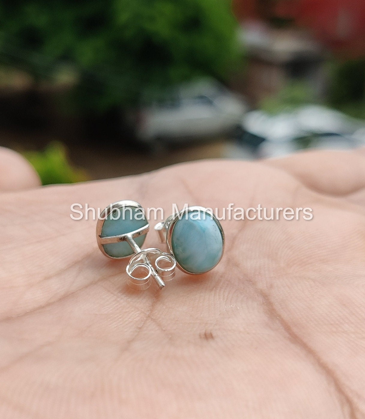 Natural Larimar Stud Earrings, 925 Sterling Silver Studs, Natural Stone, Blue Gemstone Jewelry, Simple Everyday Studs for Girls,Gift for Her