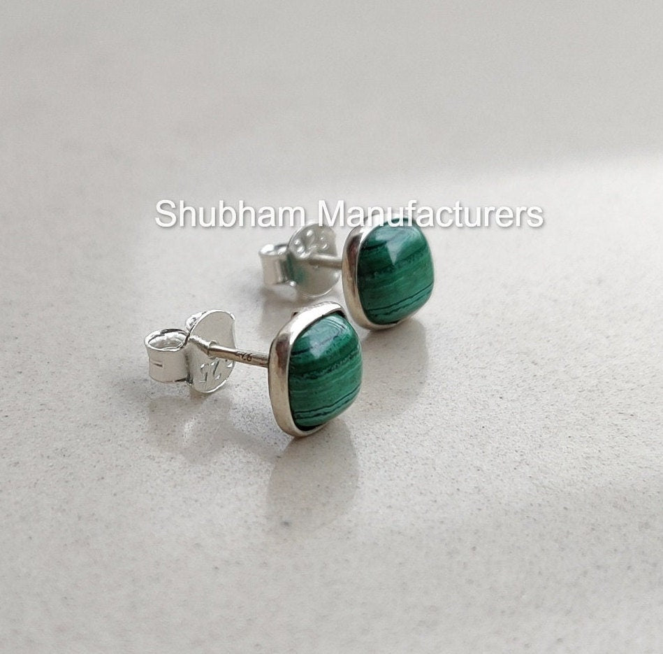 Natural Malachite Stud Earrings, 925 Sterling Silver Studs, Malachite Silver Post Earrings, Dainty Gemstone Studs, Green Stone Jewelry