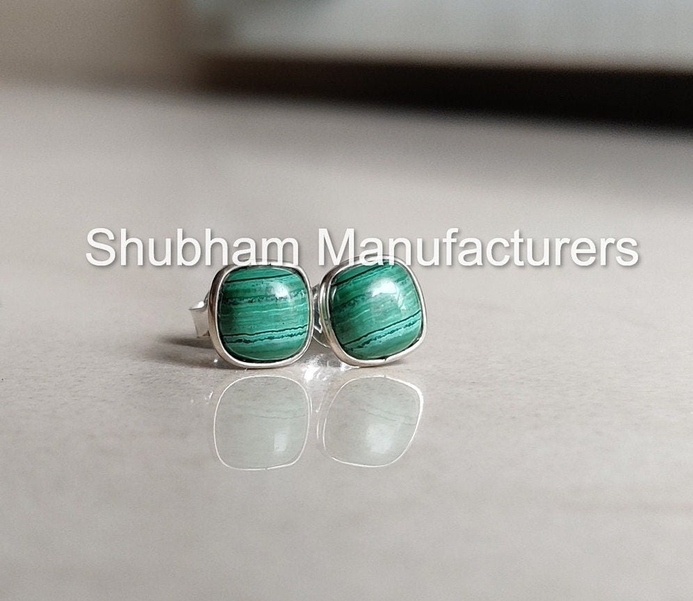 Natural Malachite Stud Earrings, 925 Sterling Silver Studs, Malachite Silver Post Earrings, Dainty Gemstone Studs, Green Stone Jewelry