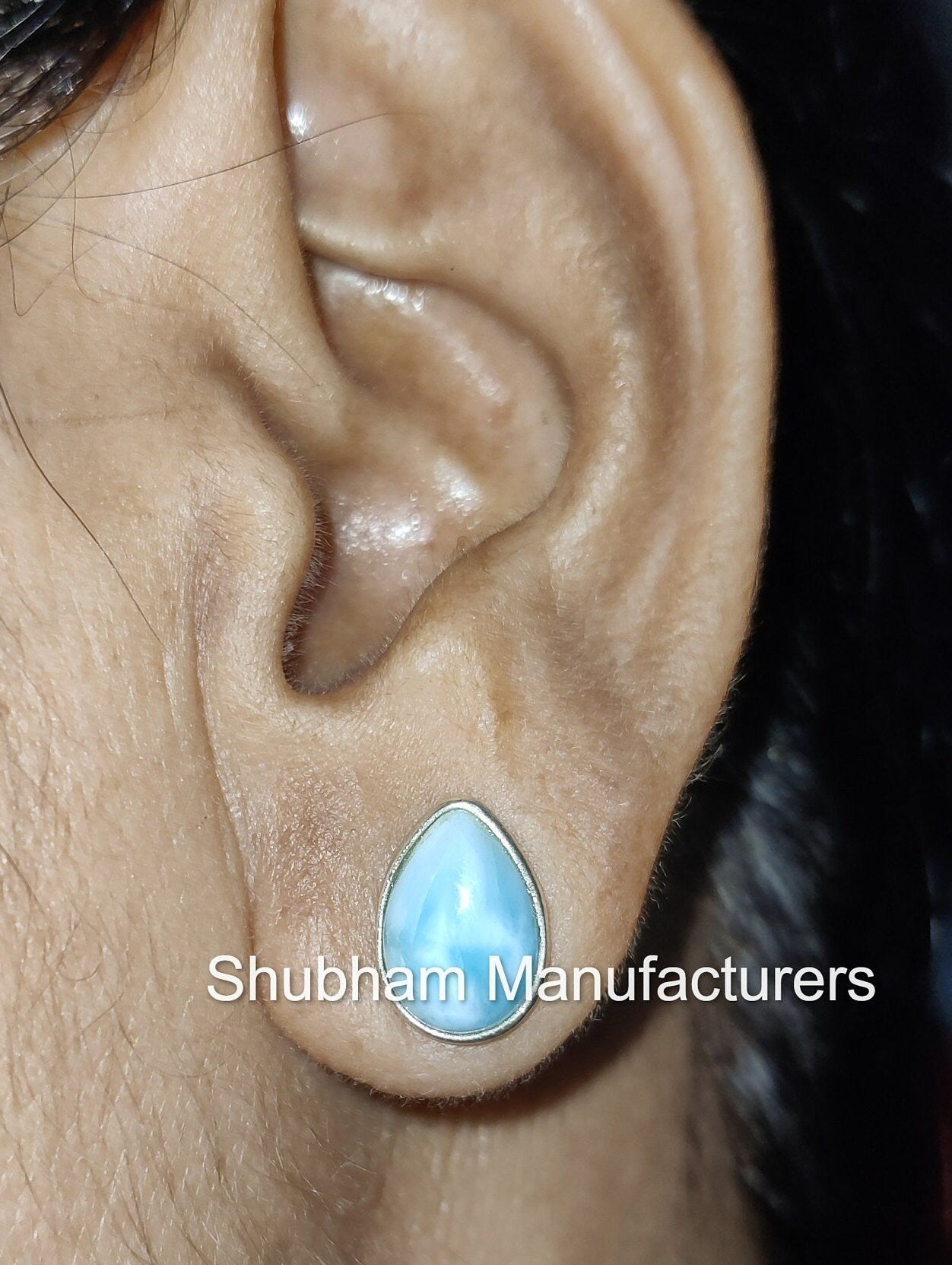 Natural Larimar Stud Earrings, 925 Sterling Silver Studs , Simple Everyday Studs, Blue Gemstone Earrings, Cabochon Stone, Teardrop Studs