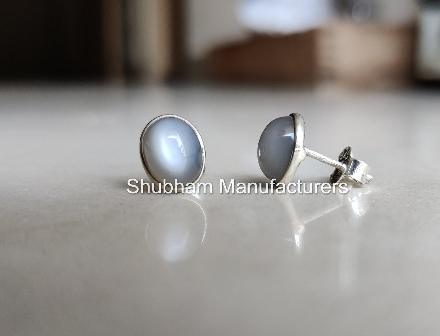 Natural Gray Moonstone Stud Earrings, 925 Sterling Silver Studs, Healing Moonstone Jewelry, Flashy Gemstone Earrings for Women, Gift for Her
