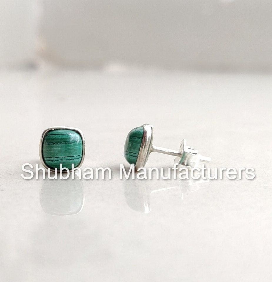 Natural Malachite Stud Earrings, 925 Sterling Silver Studs, Malachite Silver Post Earrings, Dainty Gemstone Studs, Green Stone Jewelry