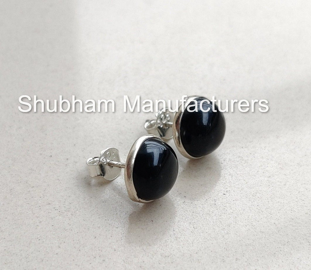 Natural Black Onyx Studs Earrings, 925 Sterling Silver Studs, Black Studs Everyday Earring, Onyx Jewelry, Cabochon Stone Stud, Unisex Studs