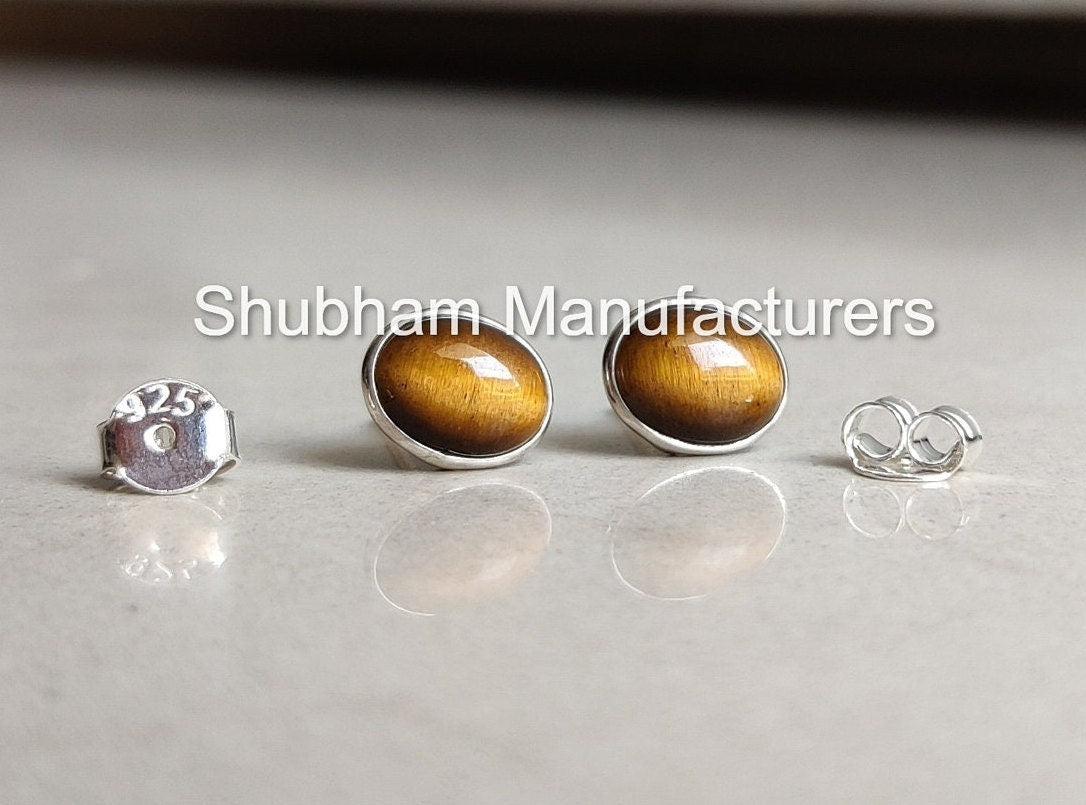 Natural Tiger Eye Stud Earrings, 925 Sterling Silver Studs, Brown Gemstone Studs, Cabochon Stone Jewelry, Dainty Studs for Girls & Women