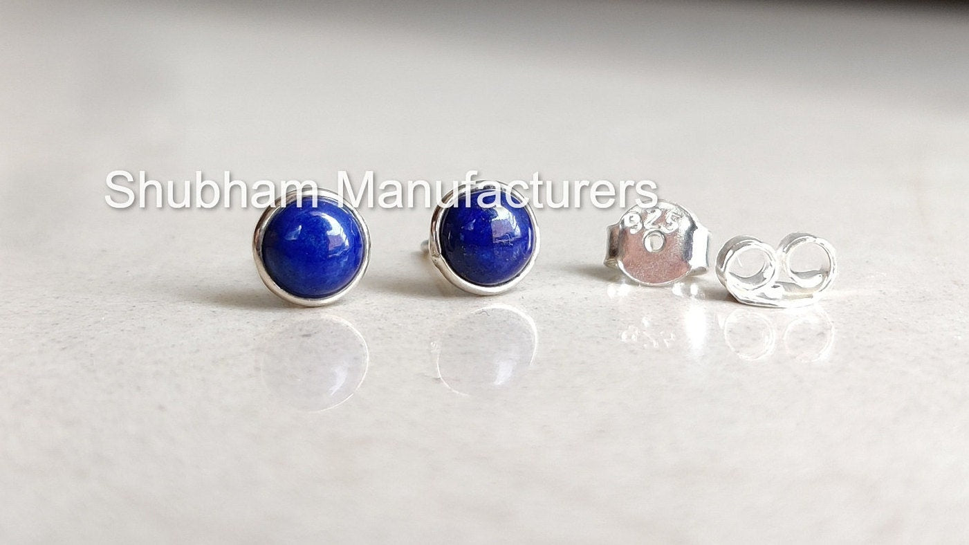 Natural Lapis Lazuli Stud Earrings, 925 Sterling Silver Studs, 6mm Blue Lapis Studs, Tiny Blue Earrings, Studs for Girls & Women,Dainty Stud