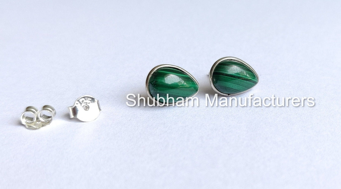 Natural malachite Stud Earrings, 925 Sterling Silver Studs, Simple Earrings for Women, Pear Shape Studs, Birthstone Jewelry,Green Stone Stud