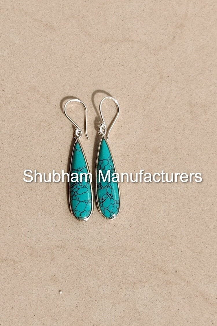 Genuine Turquoise Earrings, 925 Sterling Silver Earrings, Turquoise Silver Jewelry, Teardrop Gemstone Earrings, Wedding Jewelry for Women