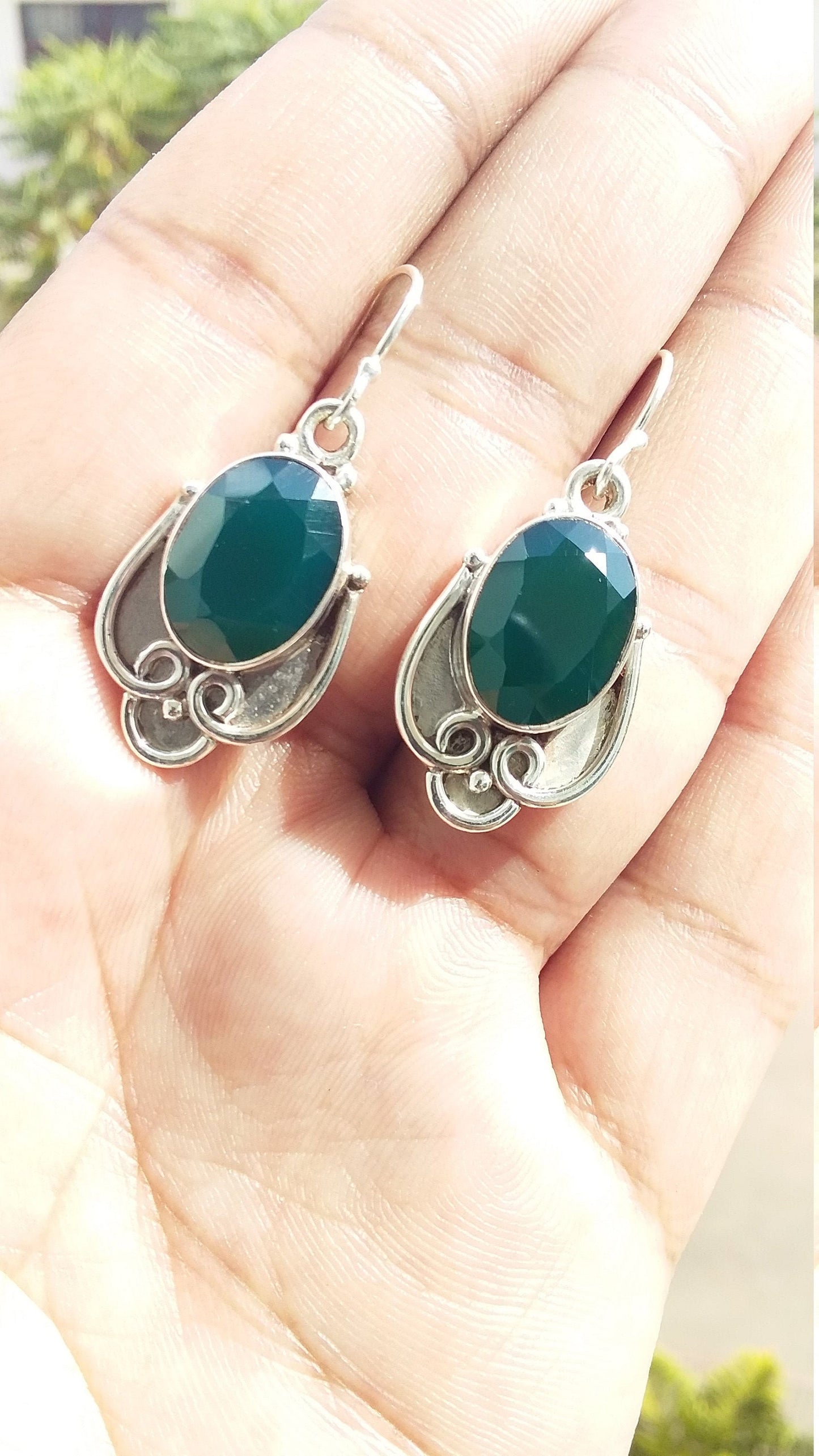 Green Onyx Earrings, Sterling Silver Green Onyx Oval Shape Gemstone Earrings, Earrings for Women, Handmade Earring, Dangle & Drop Earrings