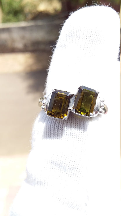 Natural Olive Green Tourmaline Ring, Octagon Cut Tourmaline Ring, 925 Sterling Silver Stamped Ring, Gemstone Ring, Dual Stone Ring