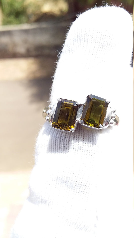 Natural Olive Green Tourmaline Ring, Octagon Cut Tourmaline Ring, 925 Sterling Silver Stamped Ring, Gemstone Ring, Dual Stone Ring
