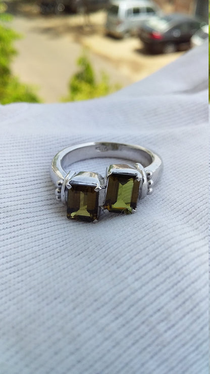 Natural Olive Green Tourmaline Ring, Octagon Cut Tourmaline Ring, 925 Sterling Silver Stamped Ring, Gemstone Ring, Dual Stone Ring