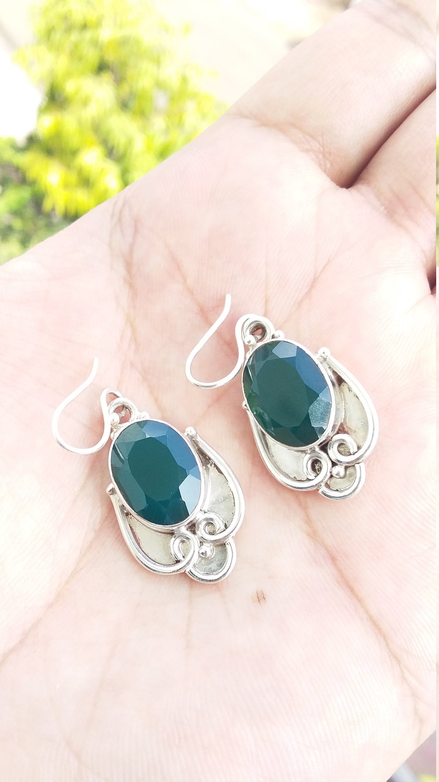 Green Onyx Earrings, Sterling Silver Green Onyx Oval Shape Gemstone Earrings, Earrings for Women, Handmade Earring, Dangle & Drop Earrings