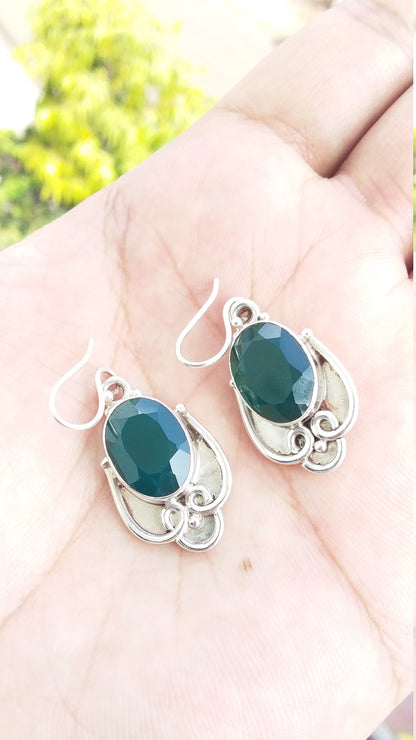 Green Onyx Earrings, Sterling Silver Green Onyx Oval Shape Gemstone Earrings, Earrings for Women, Handmade Earring, Dangle & Drop Earrings