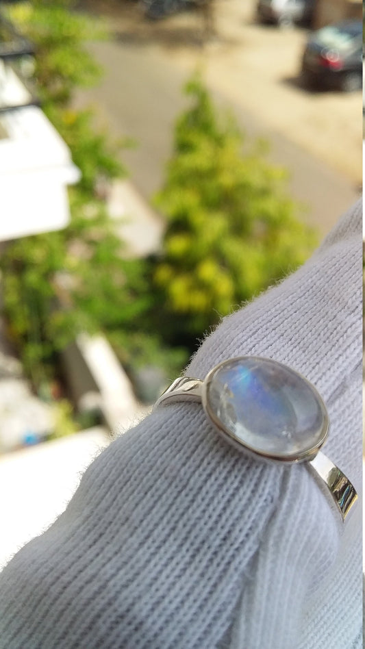 Rainbow moonstone Silver Ring 925 sterling Handmade White Rainbow Moonstone with blue fire Gemstone Ring Size 7 Women Jewelry Gift for Her