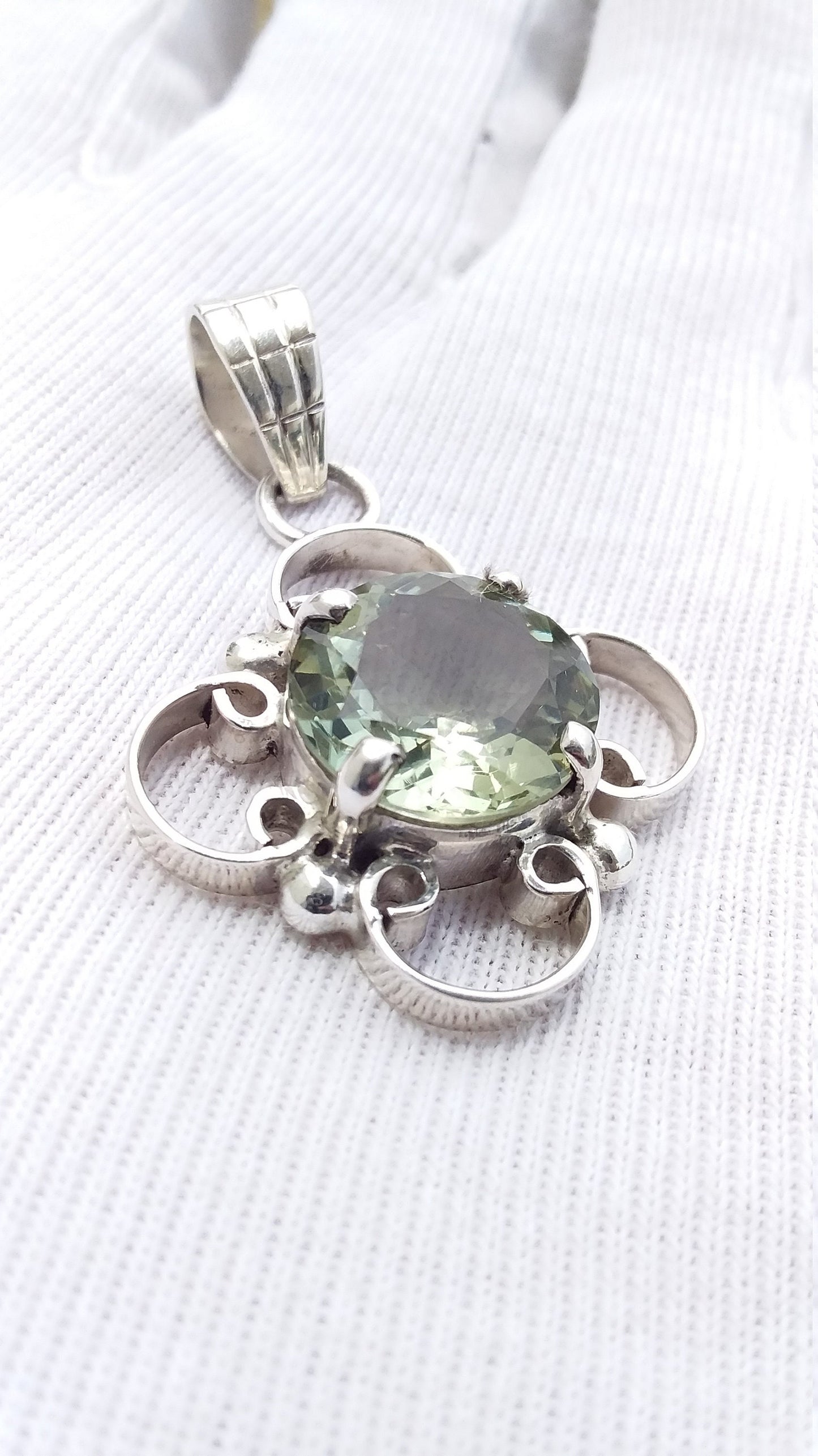 Green Amethyst Round Shape Stone 925 Sterling Silver Handmade Pendant, Green Amethyst Pendant, Unisex Pendant