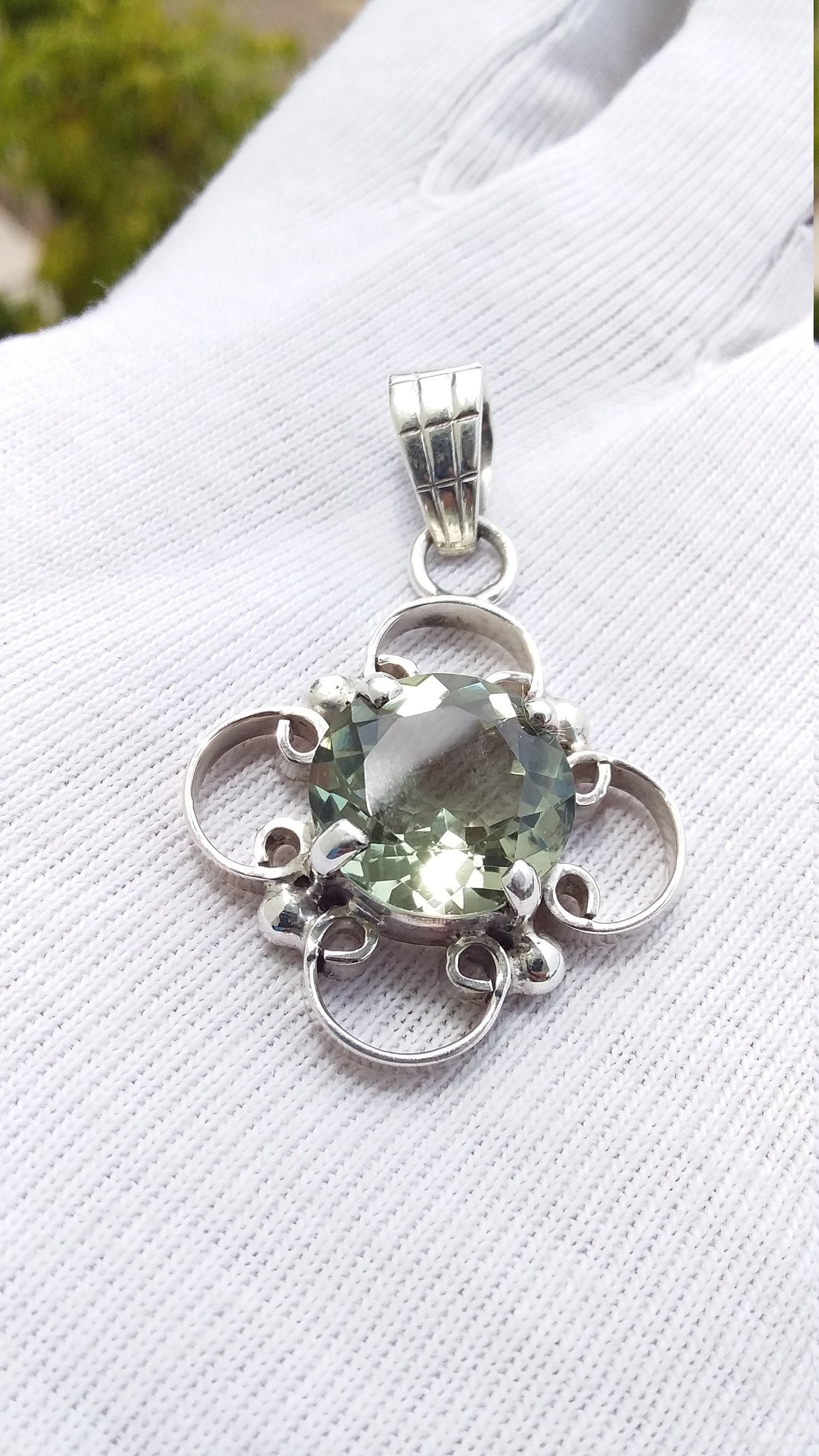 Green Amethyst Round Shape Stone 925 Sterling Silver Handmade Pendant, Green Amethyst Pendant, Unisex Pendant