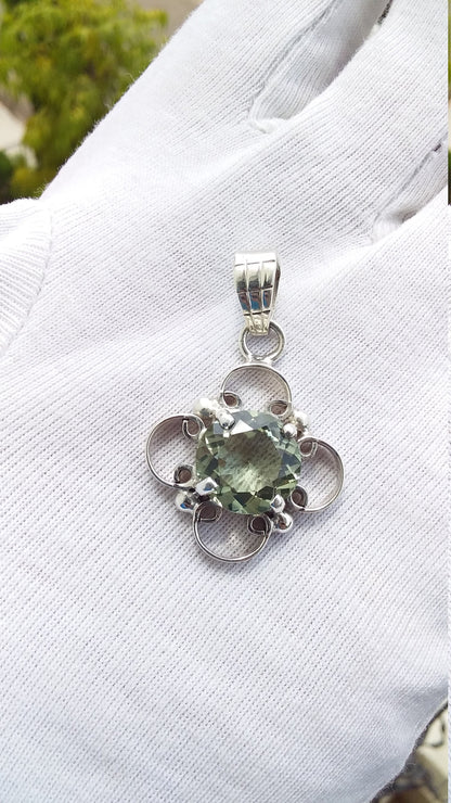 Green Amethyst Round Shape Stone 925 Sterling Silver Handmade Pendant, Green Amethyst Pendant, Unisex Pendant