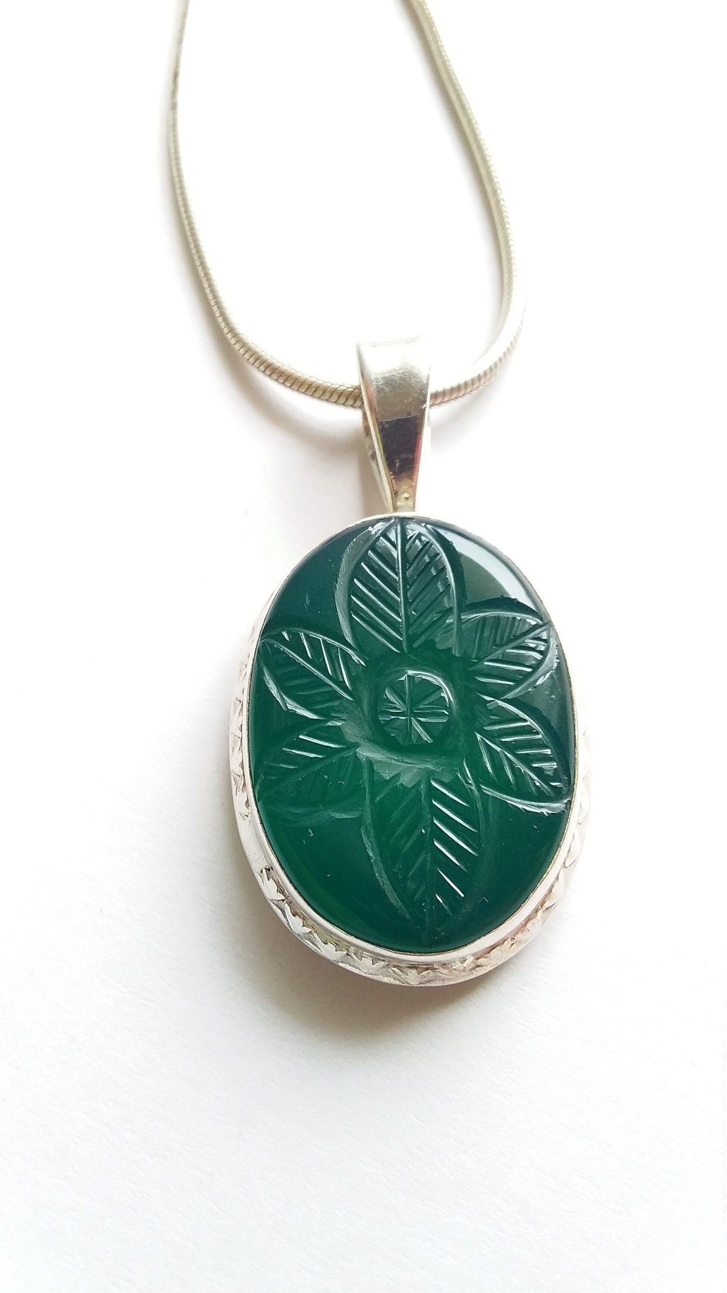 Green Onyx Carving Pendant, 925 Sterling Silver Handmade Pendant, Big Carving Pendant