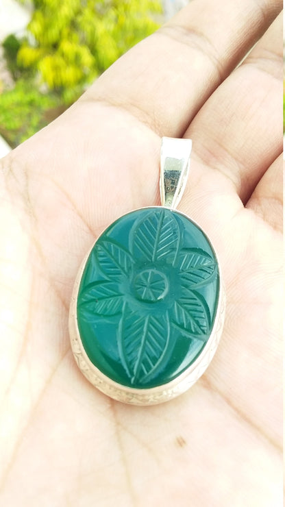 Green Onyx Carving Pendant, 925 Sterling Silver Handmade Pendant, Big Carving Pendant