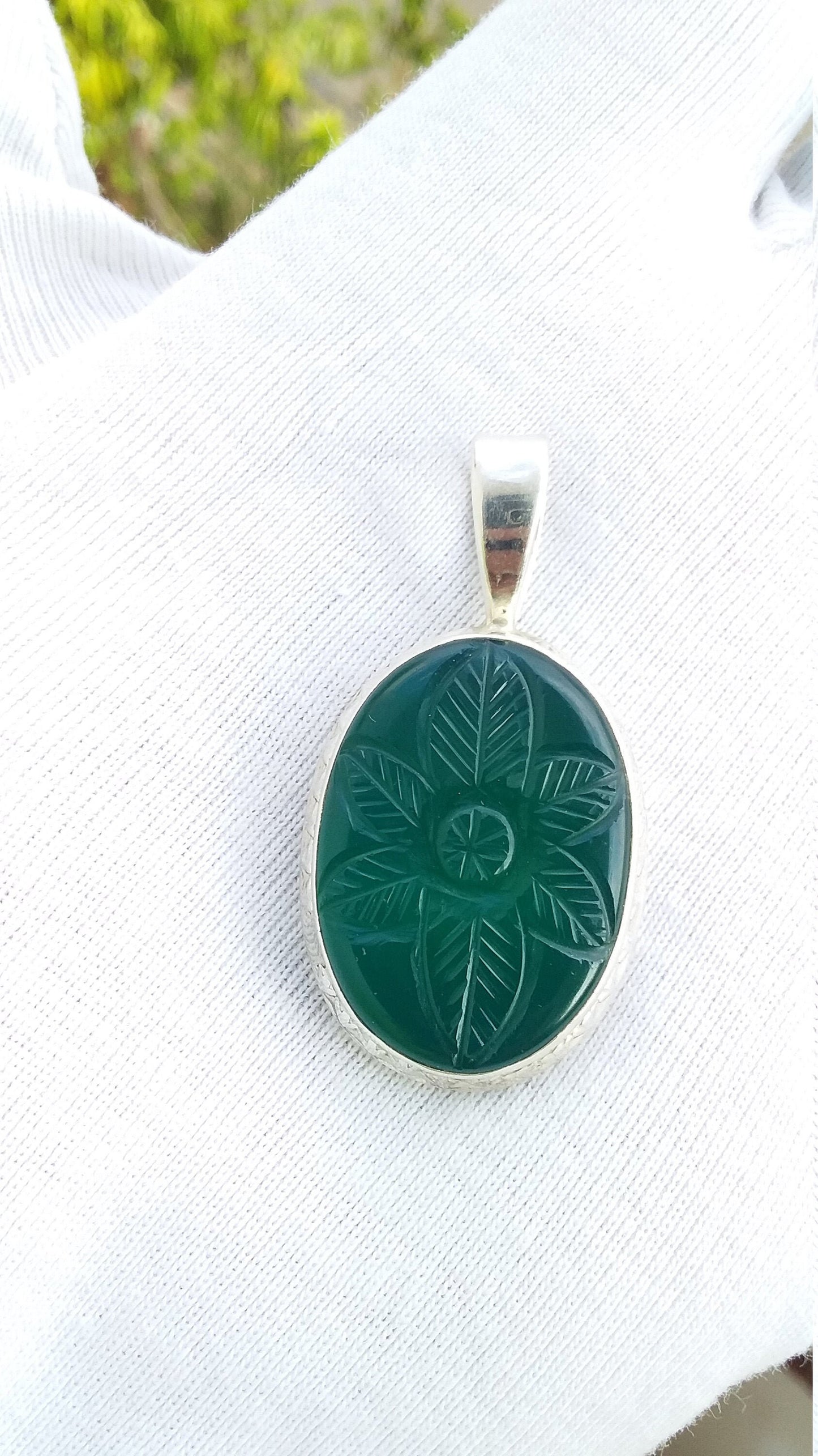 Green Onyx Carving Pendant, 925 Sterling Silver Handmade Pendant, Big Carving Pendant