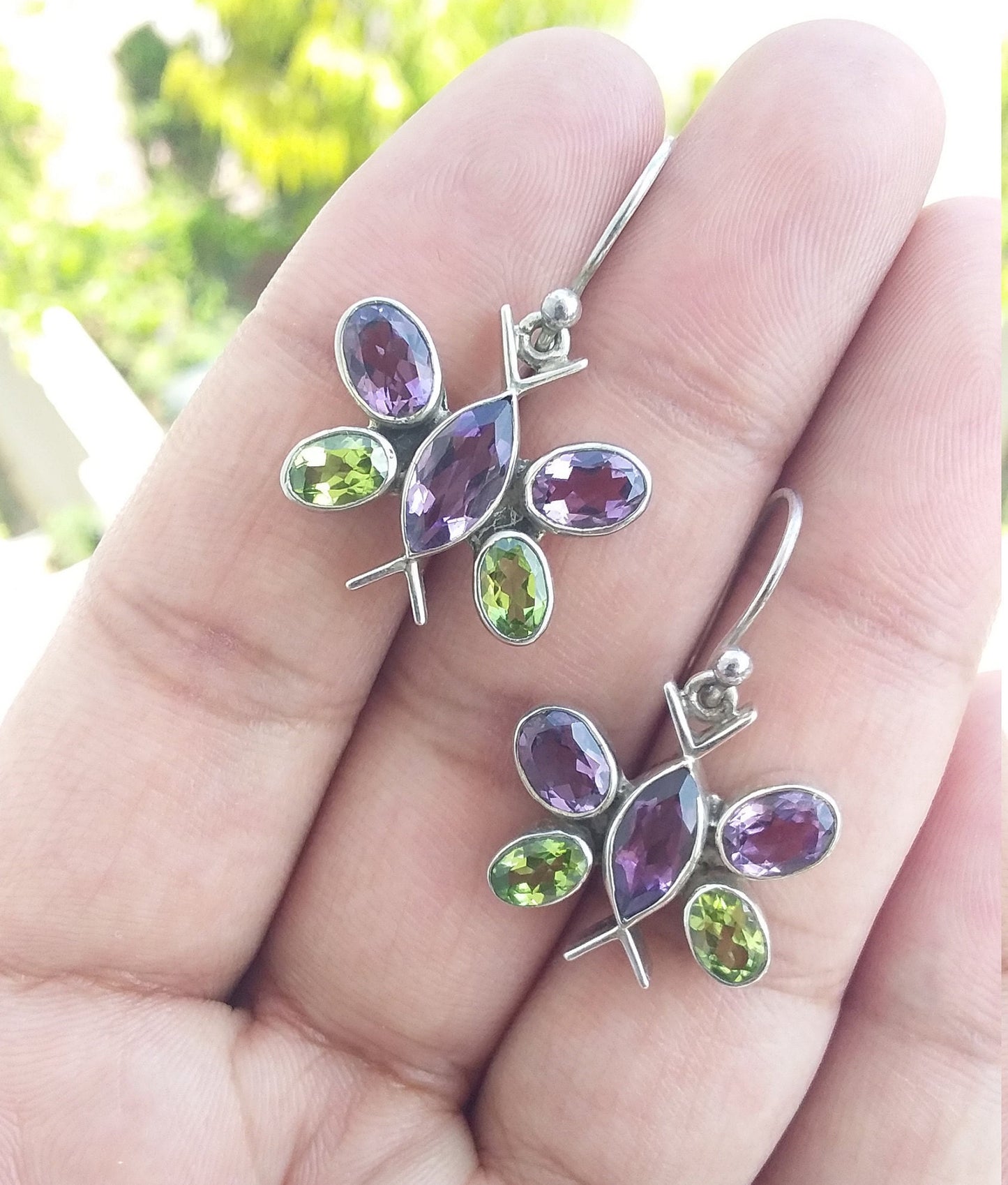 Butterfly Earrings Dangle, multi stone earrings, Sterling Silver Earrings, purple amethyst and peridot earrings, unique earrings for women