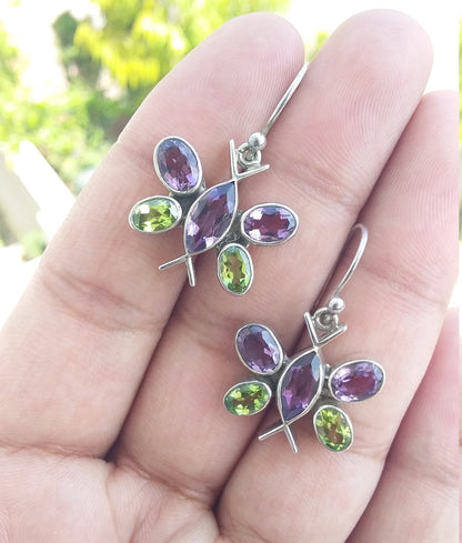 Butterfly Earrings Dangle, multi stone earrings, Sterling Silver Earrings, purple amethyst and peridot earrings, unique earrings for women