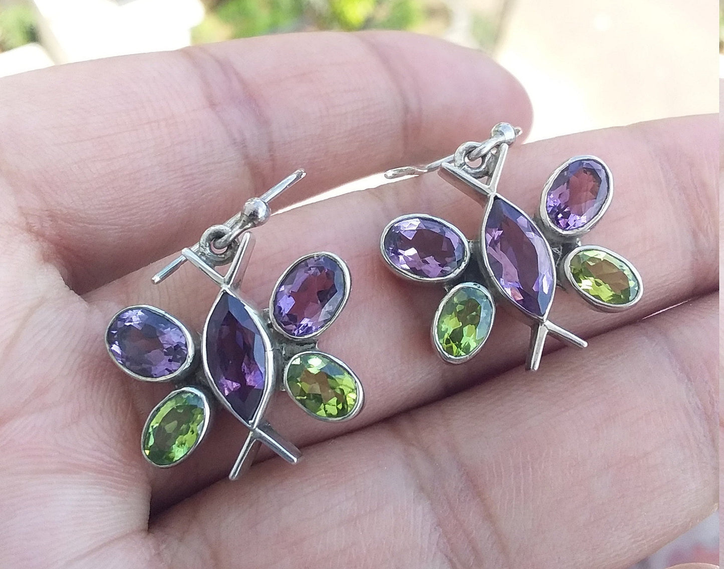 Butterfly Earrings Dangle, multi stone earrings, Sterling Silver Earrings, purple amethyst and peridot earrings, unique earrings for women