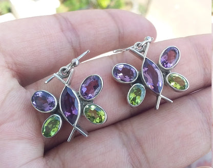 Butterfly Earrings Dangle, multi stone earrings, Sterling Silver Earrings, purple amethyst and peridot earrings, unique earrings for women