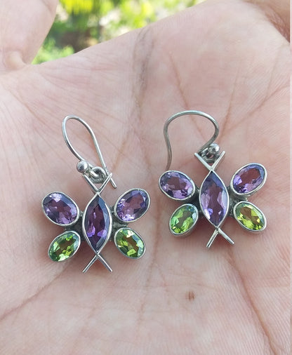 Butterfly Earrings Dangle, multi stone earrings, Sterling Silver Earrings, purple amethyst and peridot earrings, unique earrings for women