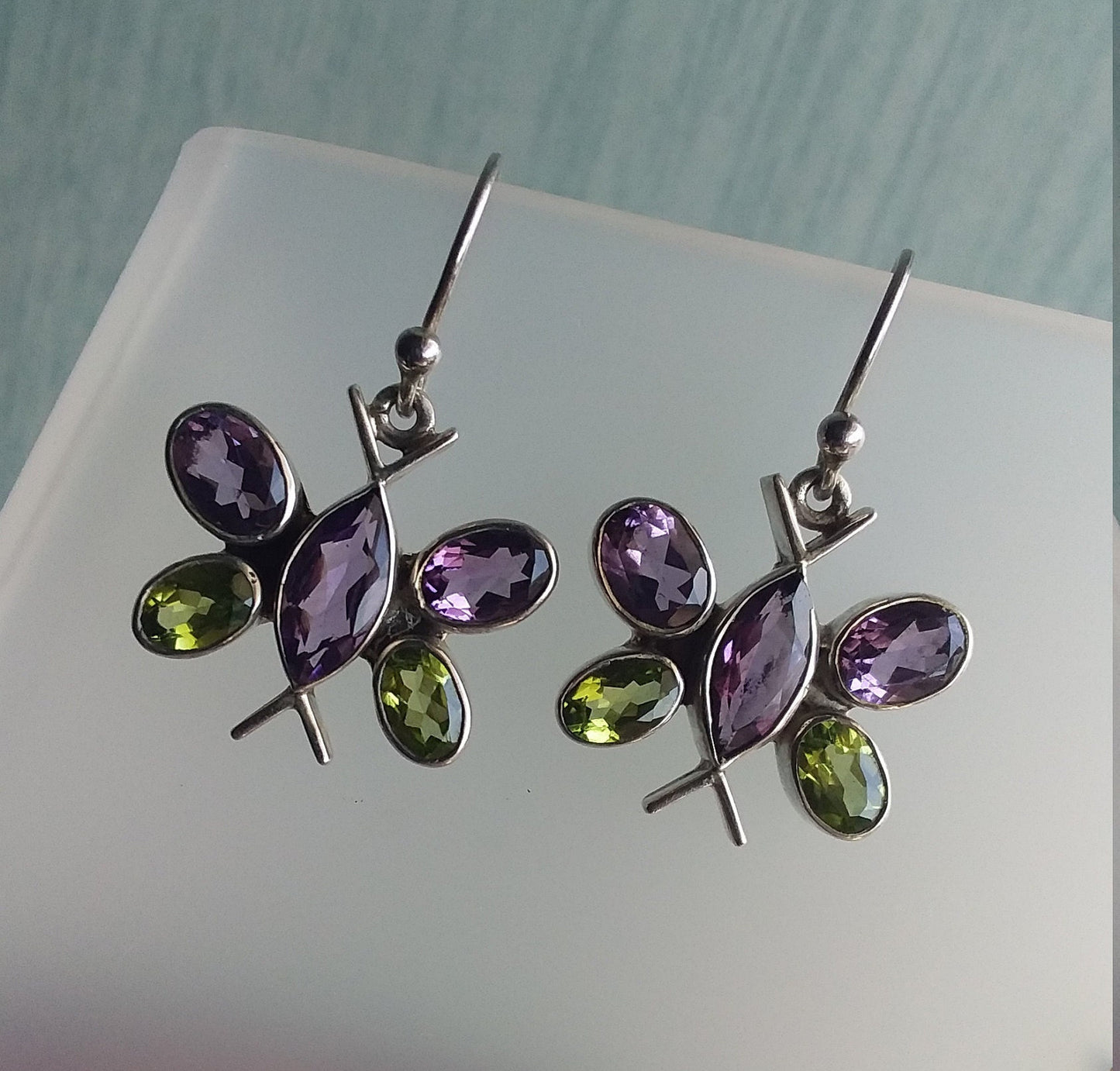 Butterfly Earrings Dangle, multi stone earrings, Sterling Silver Earrings, purple amethyst and peridot earrings, unique earrings for women