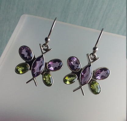 Butterfly Earrings Dangle, multi stone earrings, Sterling Silver Earrings, purple amethyst and peridot earrings, unique earrings for women