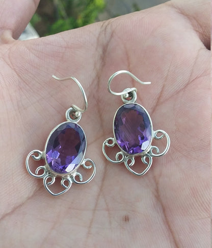 Natural Amethyst silver Earrings, Amethyst Earrings, purple, Oval Cut, Silver Earrings, 92.5 sterling silver, Gift for her, Natural gemstone