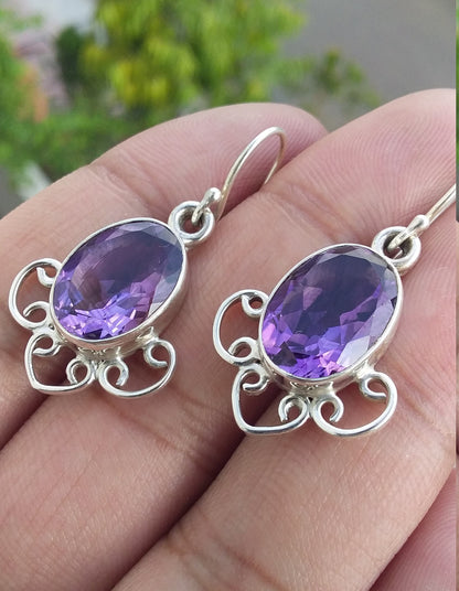 Natural Amethyst silver Earrings, Amethyst Earrings, purple, Oval Cut, Silver Earrings, 92.5 sterling silver, Gift for her, Natural gemstone