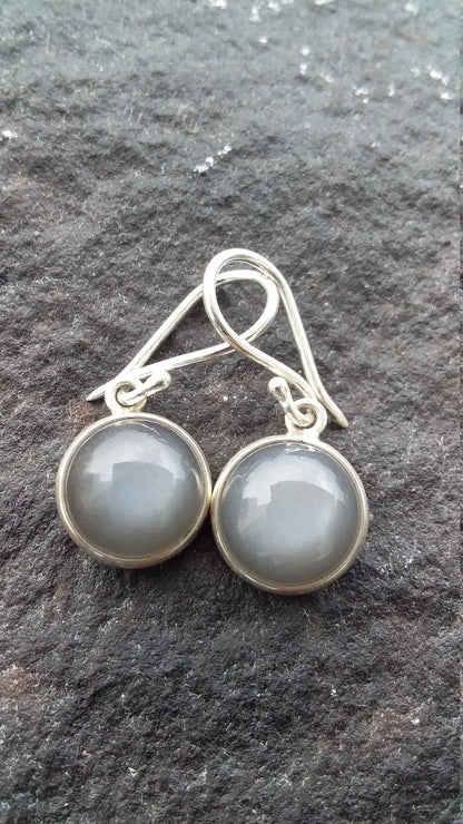 Natural Round Shape Gray Moonstone 925 Sterling Silver Handmade Earrings, Gift for Her
