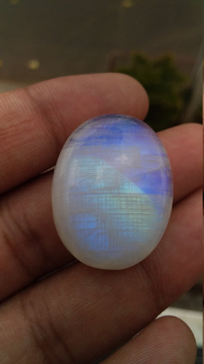 Natural Rainbow Moonstone Oval Shape Blue Fire Cabochon 29x23x8.5 MM 49 Carat Stone Semi Precious Loose Gemstone