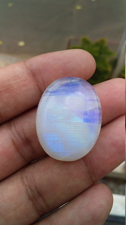 Natural Rainbow Moonstone Oval Shape Blue Fire Cabochon 29x23x8.5 MM 49 Carat Stone Semi Precious Loose Gemstone